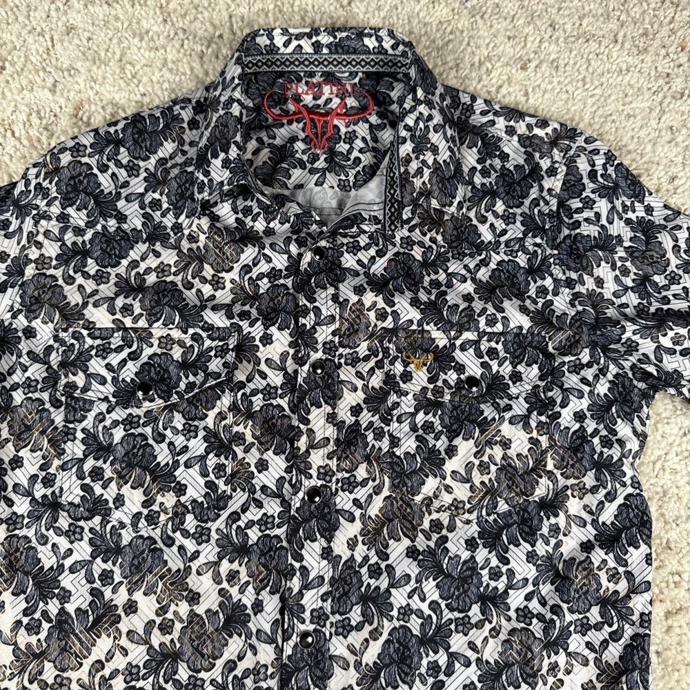 Men's Medium Platini Button Up Shirt‎ Long Sleeve Snap Floral Black W/Gold Inlay